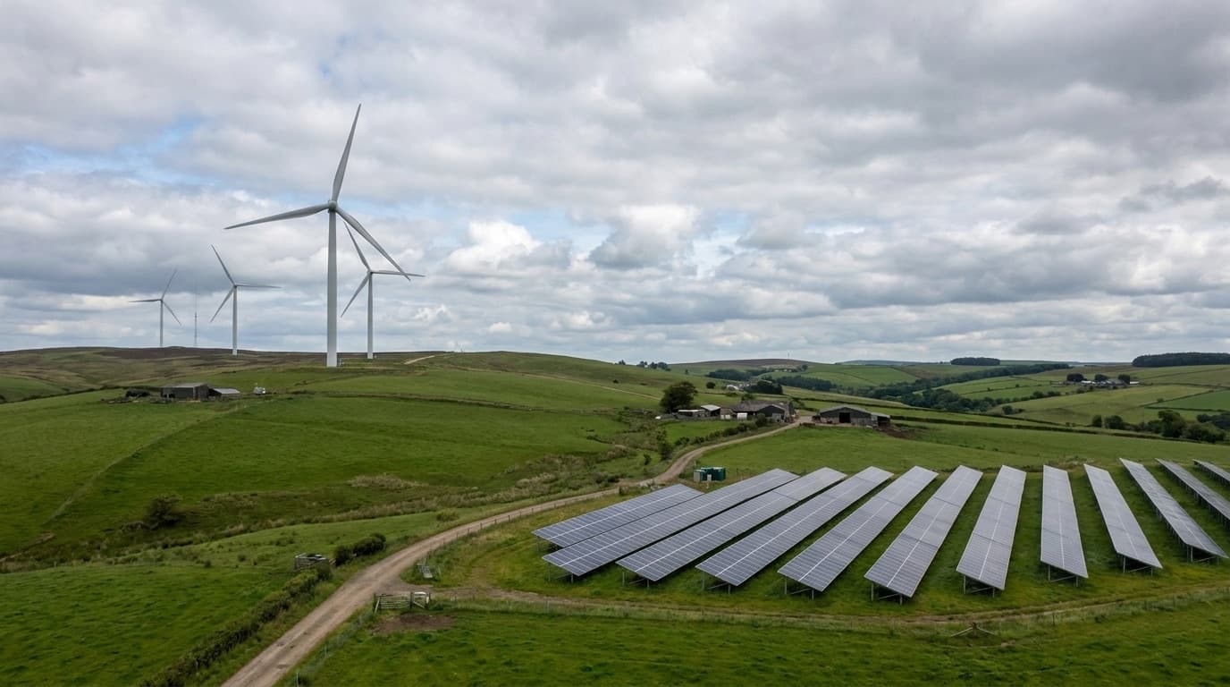 Wind turbines and solar panels in the British countryside under a partly cloudy sky representing the net zero transition