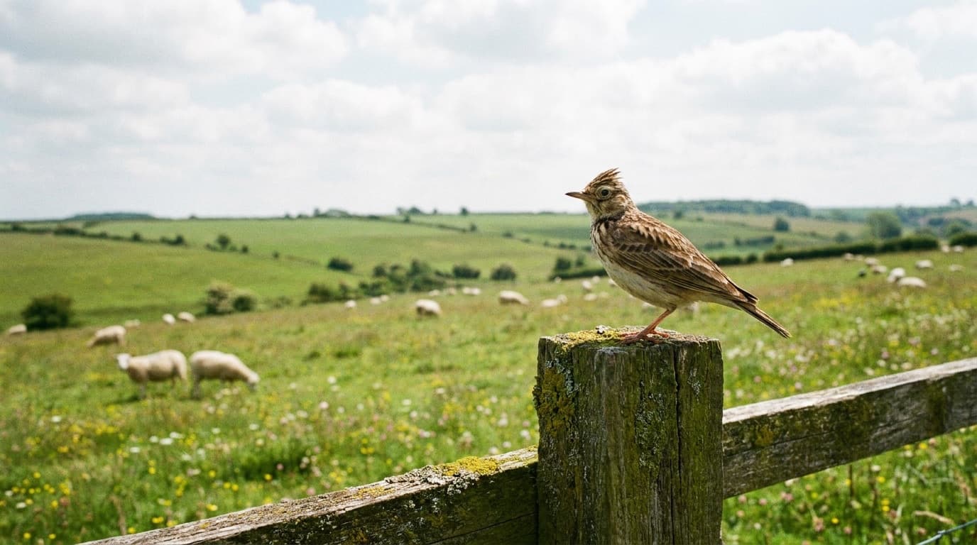 A skylark perched on a fence post above a British farmland meadow under a summer sky