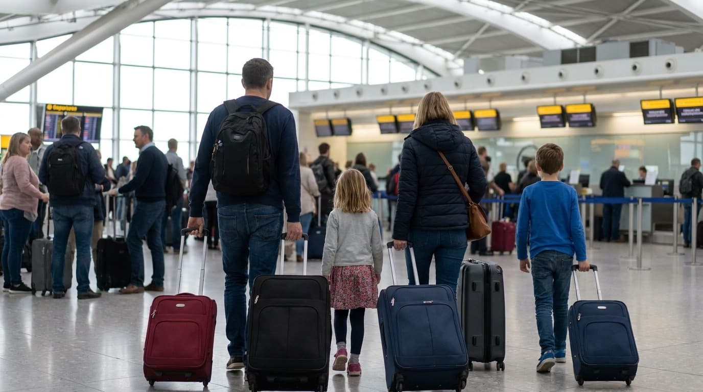 Family pulling suitcases through a busy UK airport departures hall towards the check-in desks