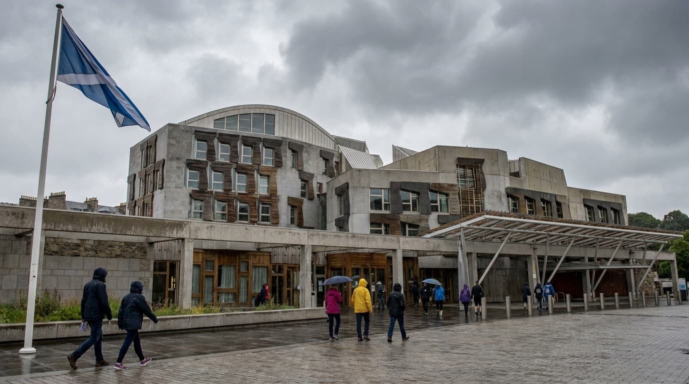 The Scottish Parliament building at Holyrood in Edinburgh under a grey summer sky