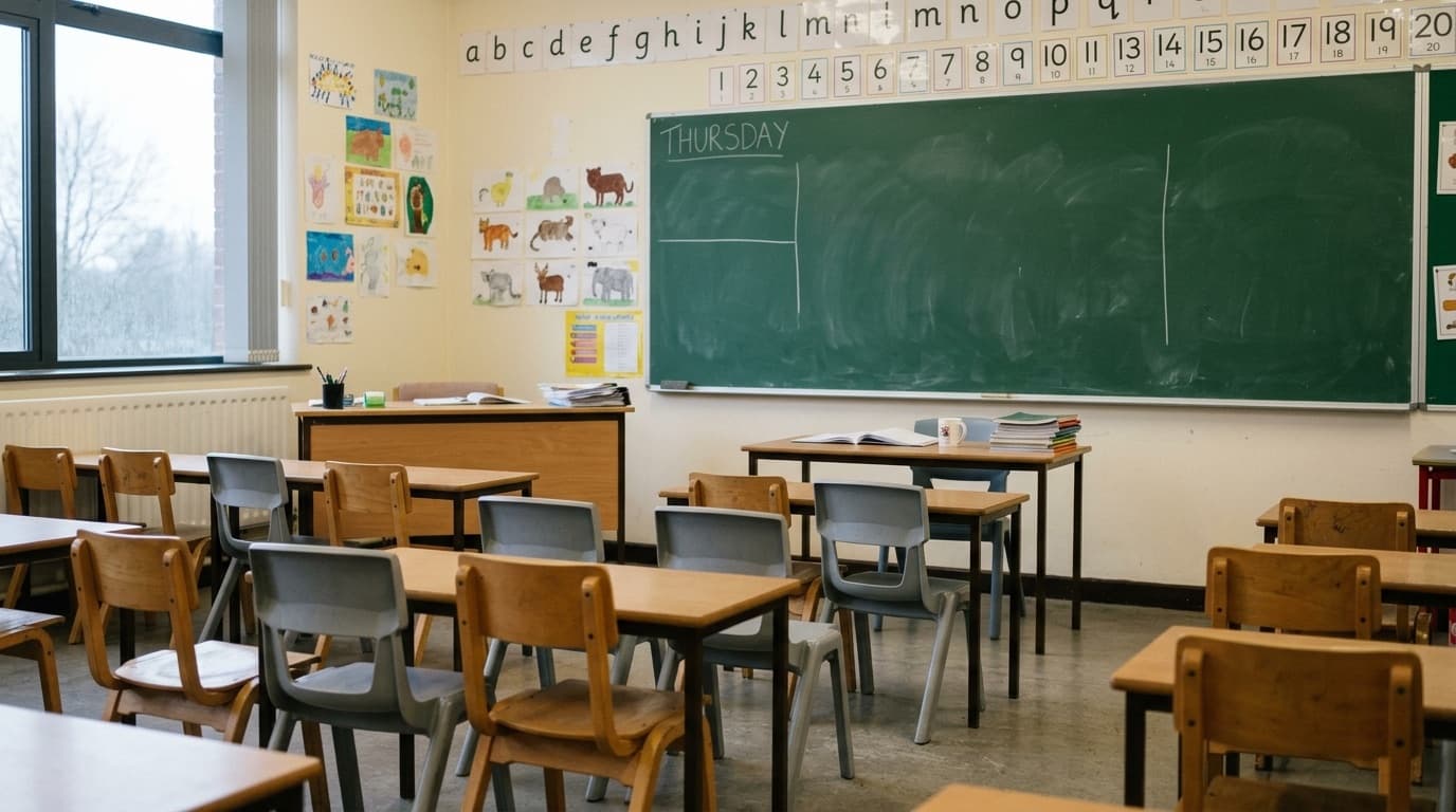 A primary school classroom in England with empty chairs and a chalkboard, illustrating the threat of teacher strike action