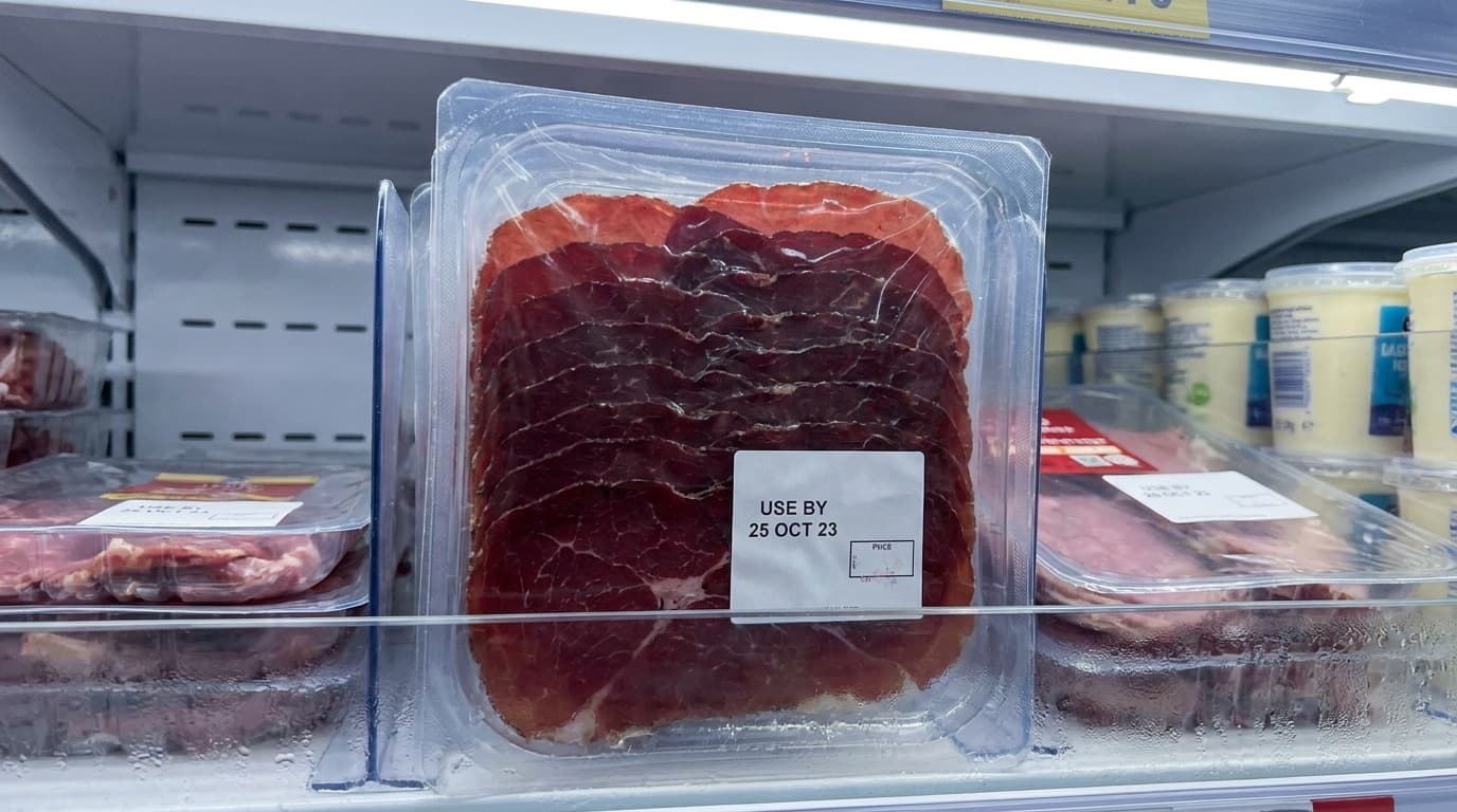 Vacuum-sealed pack of sliced cured beef on a supermarket chiller shelf with a use-by date label