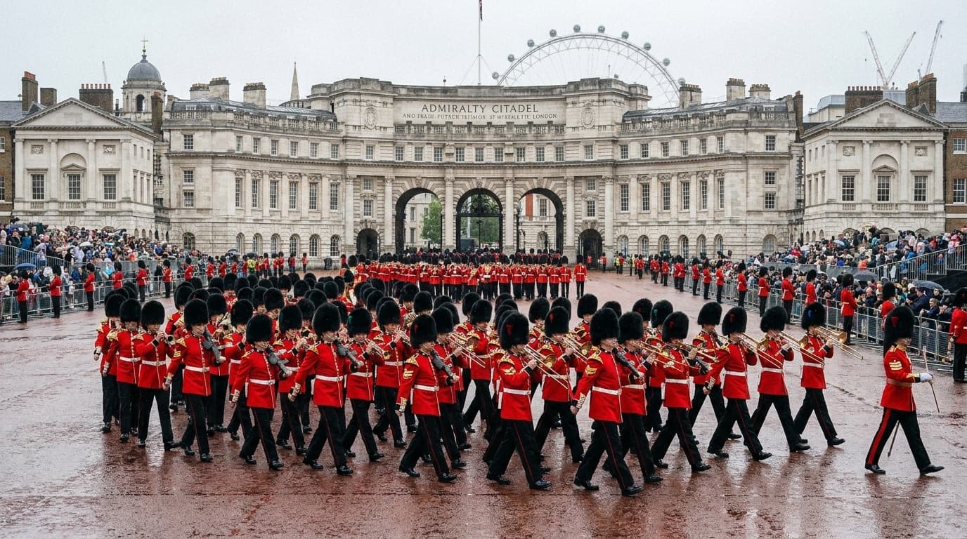 Massed bands and guardsmen in red tunics and bearskin caps marching across a London parade ground