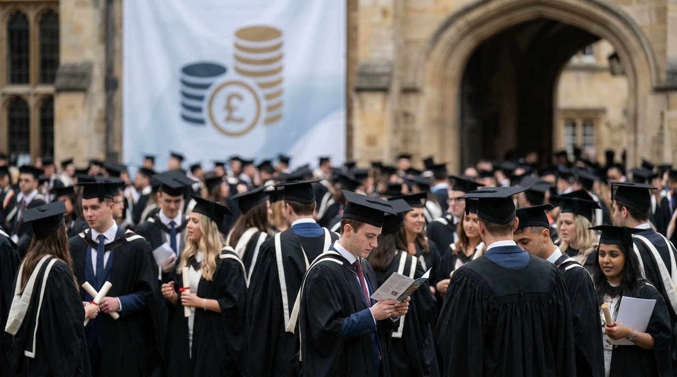A UK university graduation ceremony with students in caps and gowns, illustrating tuition fees and student finance
