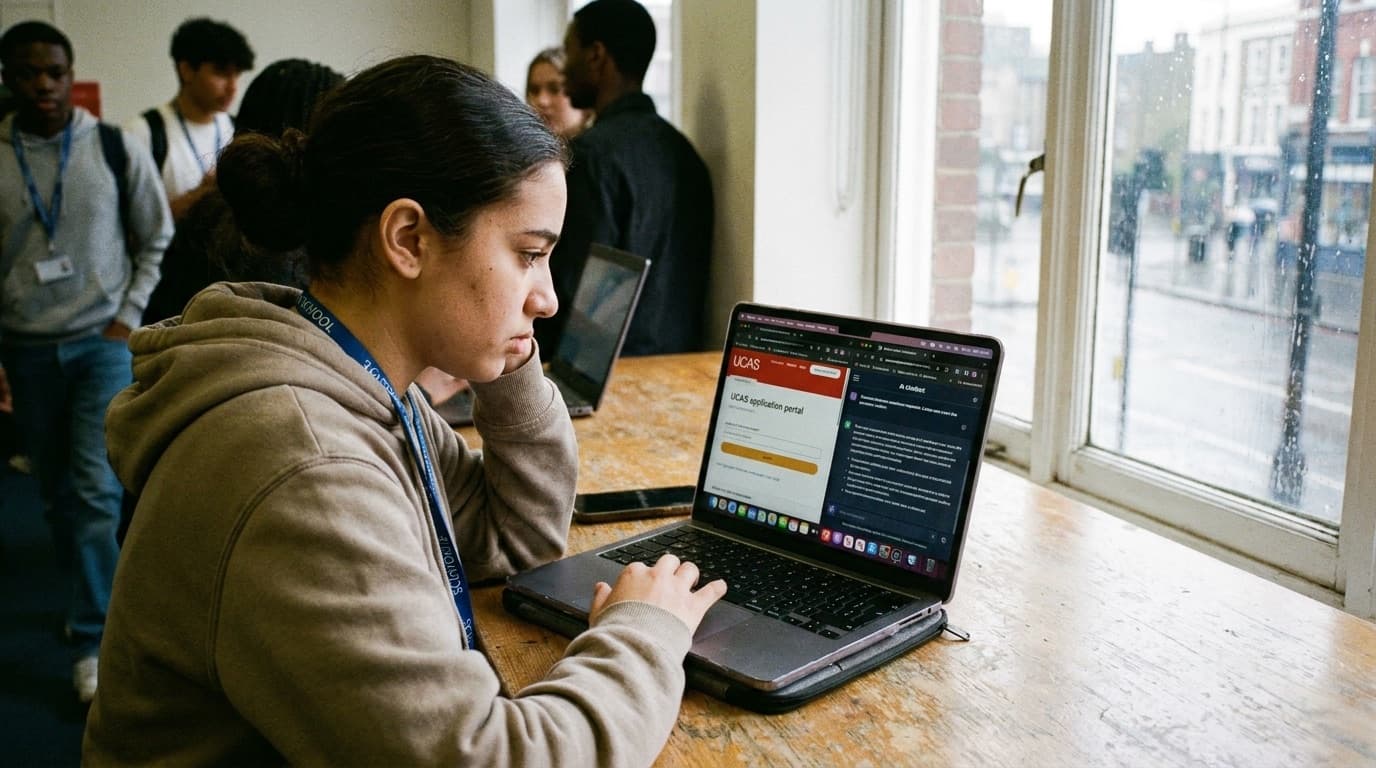 A sixth-form student in England working on a laptop on a university application, illustrating UCAS and AI