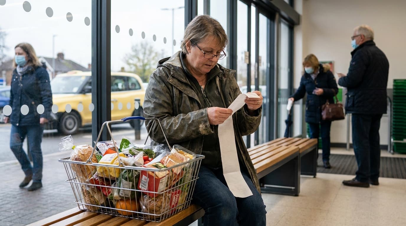 A British supermarket shopper checking a receipt beside a basket of groceries