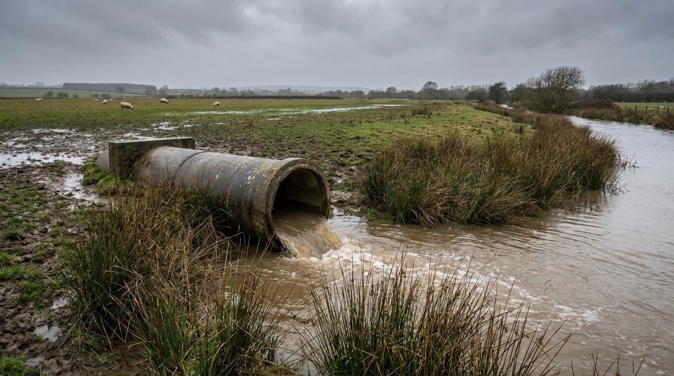 A storm overflow pipe discharging into a British river surrounded by reeds and farmland