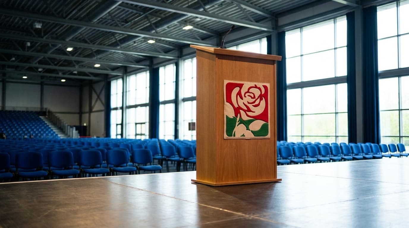 The Welsh Labour rose logo on a podium inside an empty conference hall in Cardiff