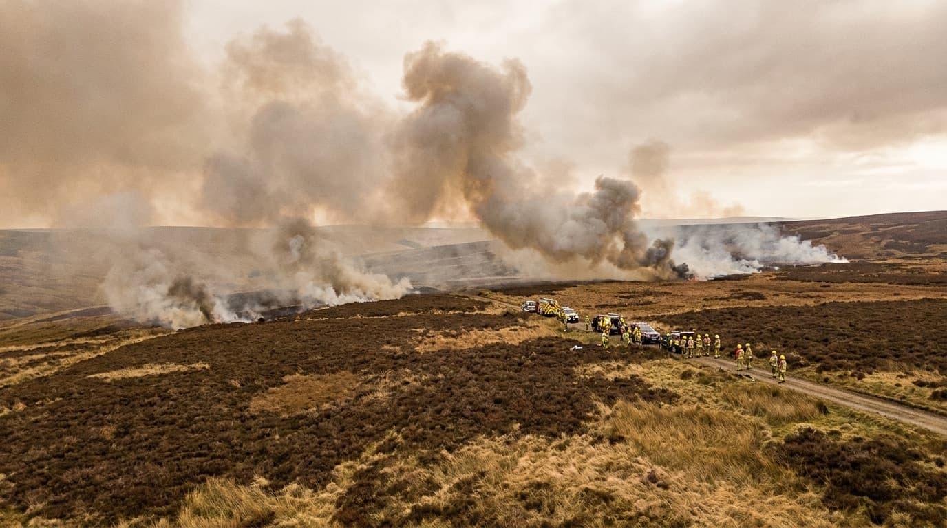 Smoke rising from a moorland wildfire across dry heather and grassland under a hazy sky