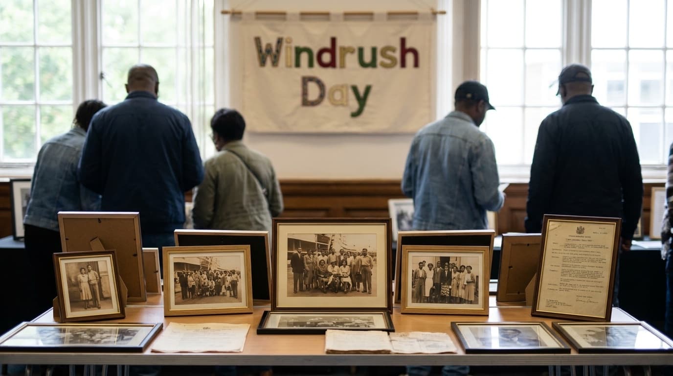 A commemorative Windrush Day display with archival photographs at a community event