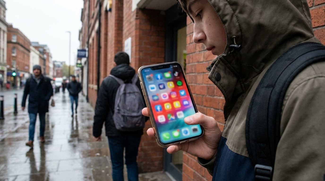 A teenager holding a smartphone showing social media app icons