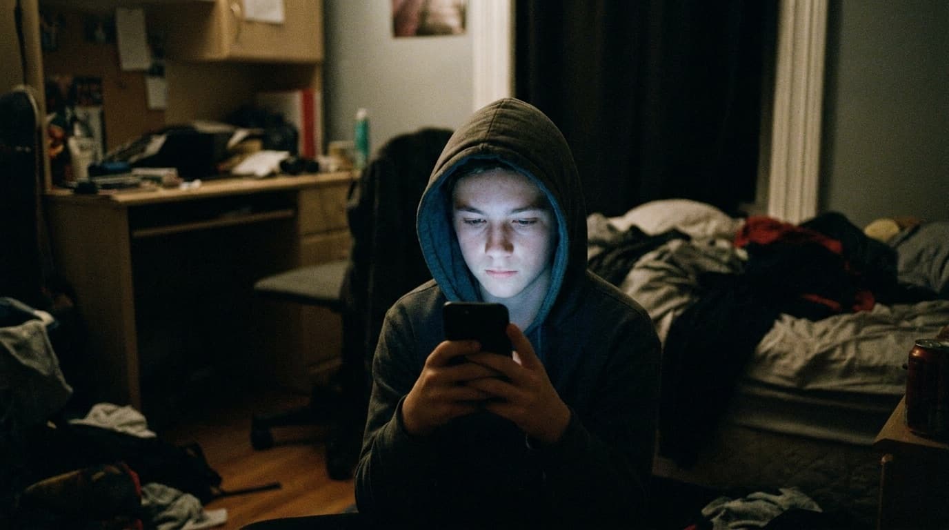 A teenager looking at a smartphone screen in a darkened room