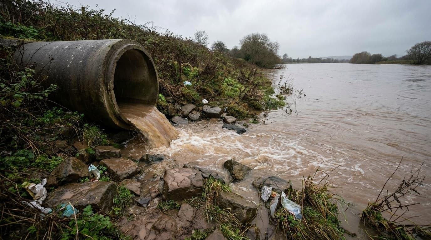 A storm drain discharging into a river on an overcast day