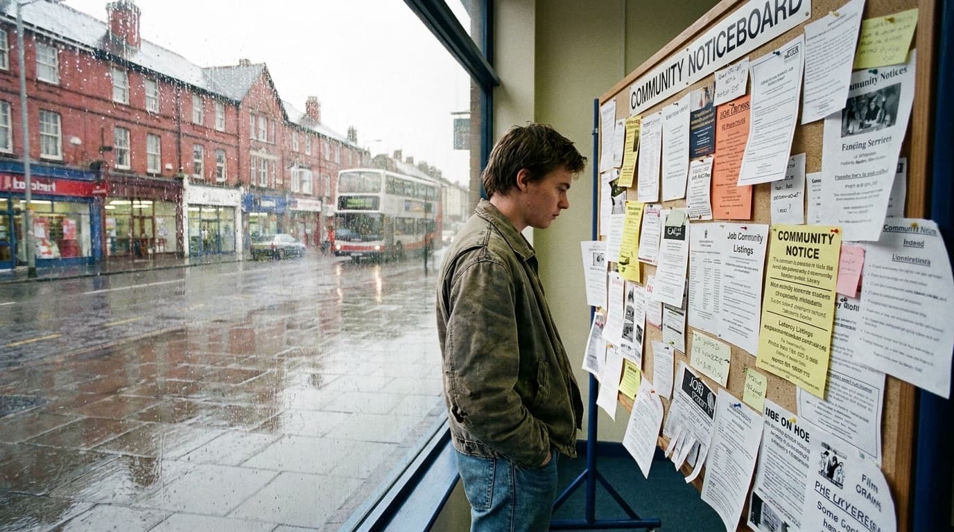A young person looking at job listings on a noticeboard