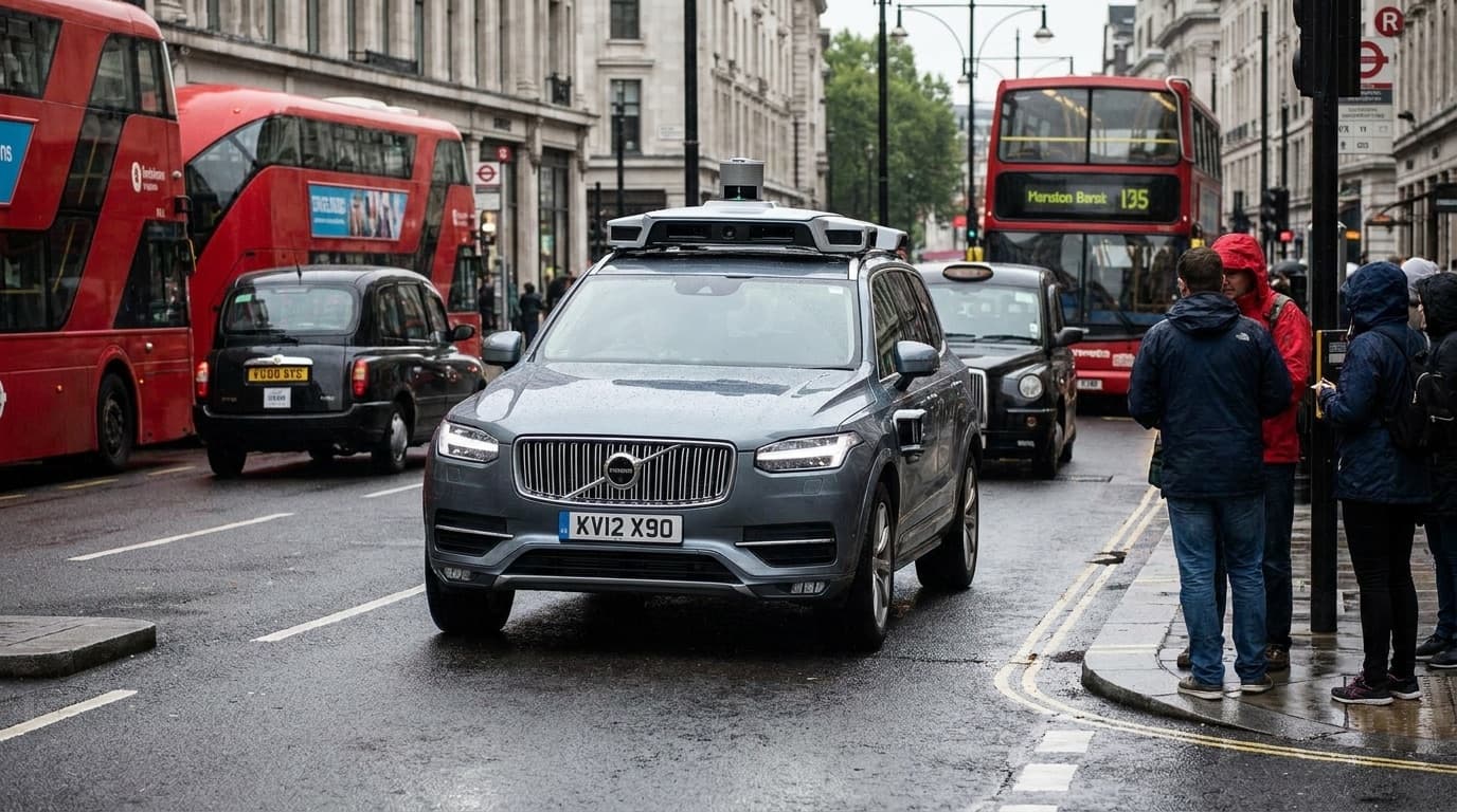A self-driving car with sensors navigating a city street