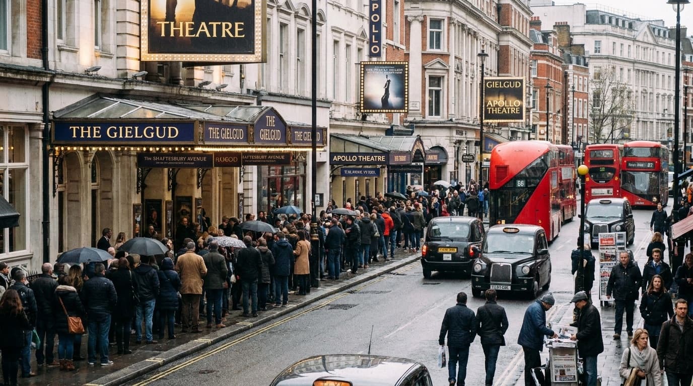A busy West End street with theatre crowds queuing outside venues
