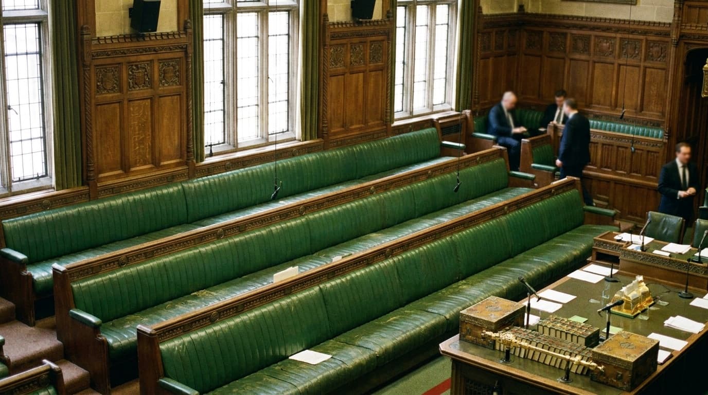The green benches of the House of Commons chamber seen from the press gallery
