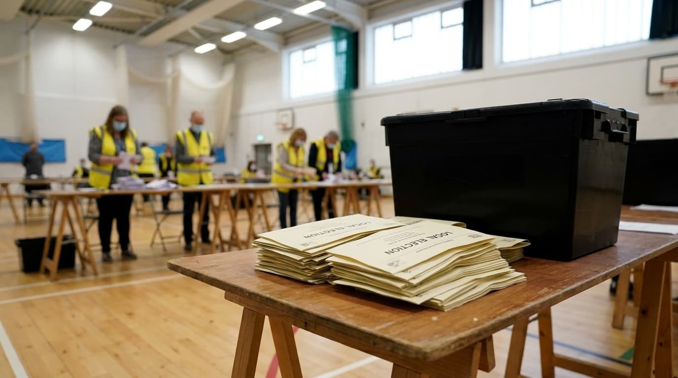 A stack of local election ballot papers and a counting table in a sports hall
