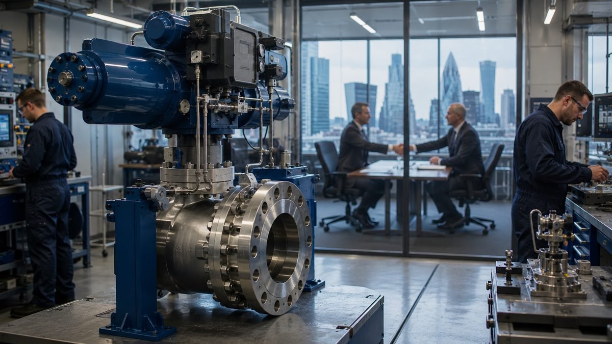 A large industrial valve actuator on a test bench in a UK engineering plant, with two executives shaking hands and the City of London skyline behind