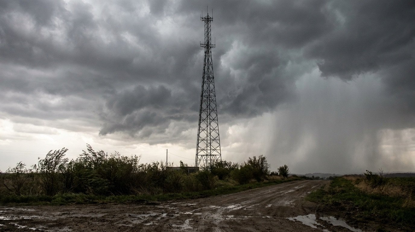 A US television network broadcast tower against a stormy sky