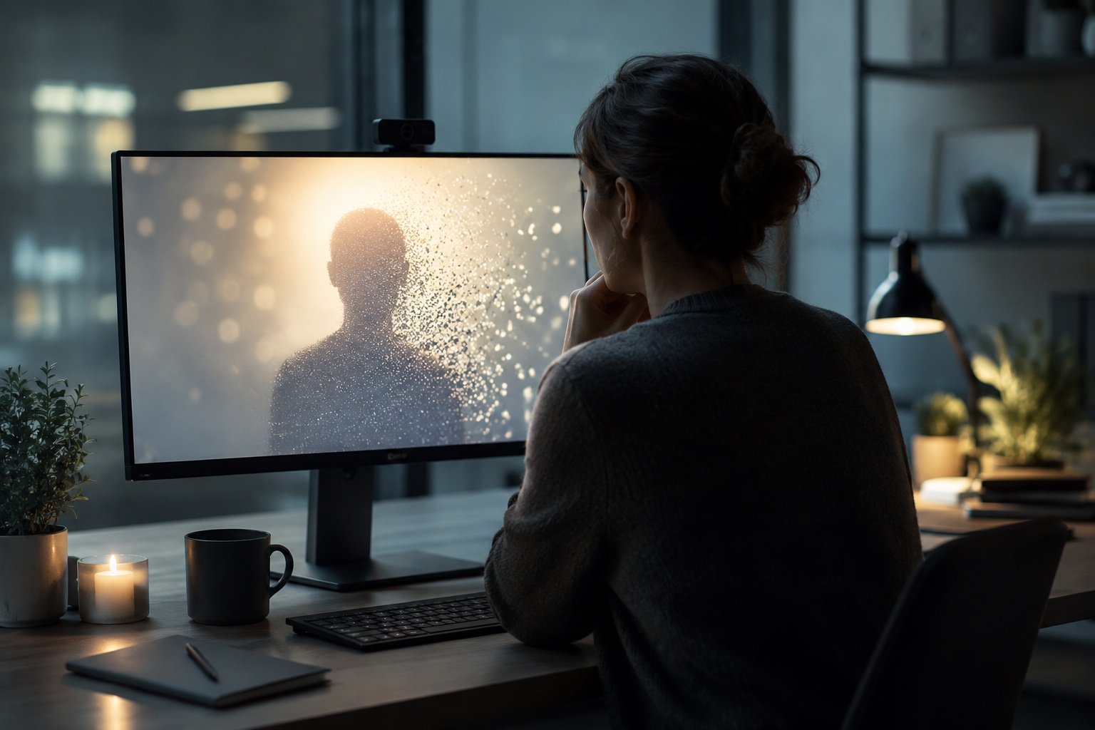 A person watches a glowing screen showing a digitally recreated family figure