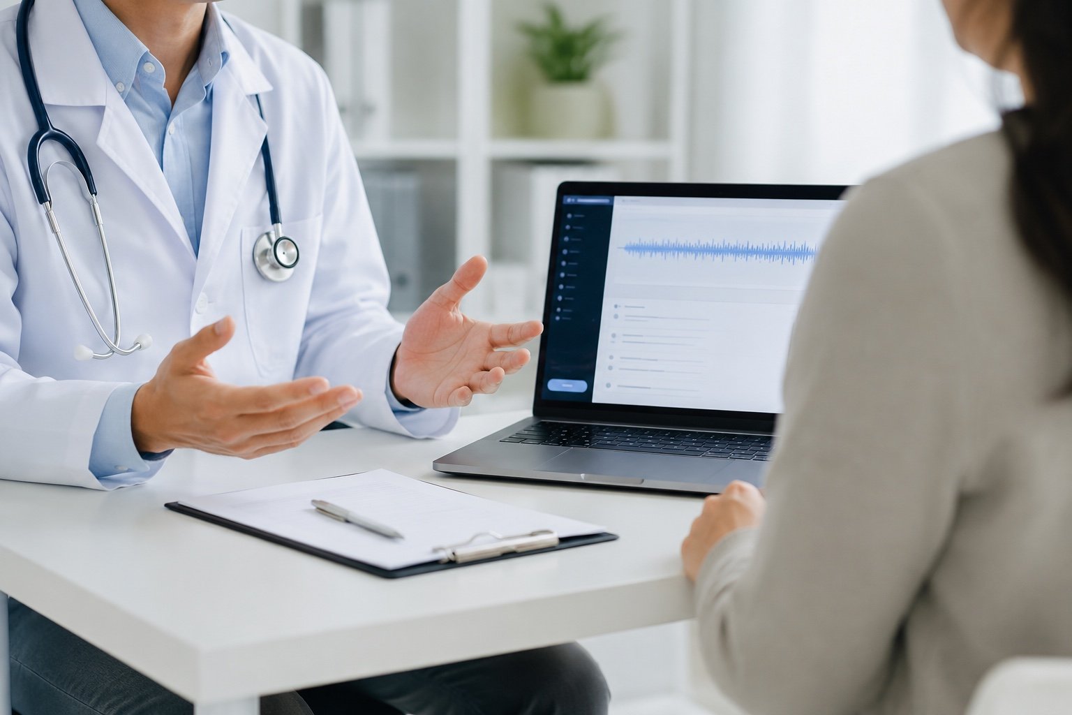 A doctor consulting a patient while an AI transcription tool records the conversation
