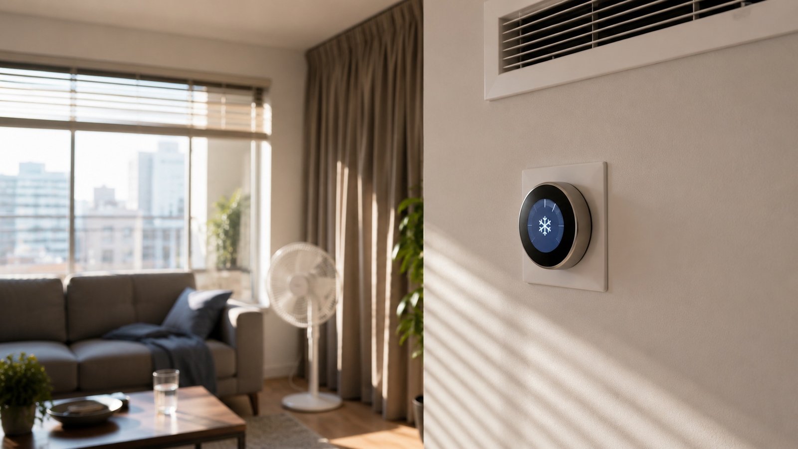 A hand adjusting a home thermostat during a summer heat wave