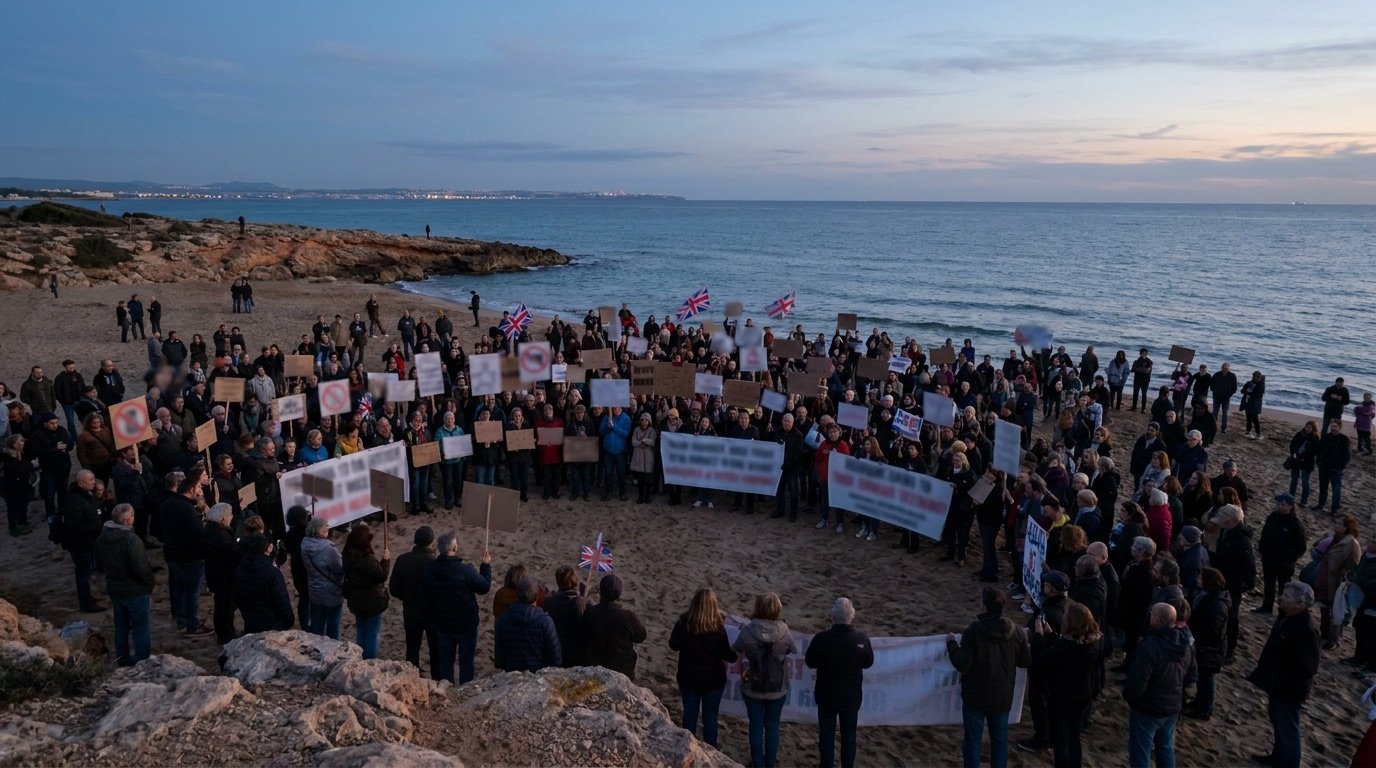 Crowd of demonstrators holding placards at a coastal protest beside a calm Mediterranean shoreline at dusk