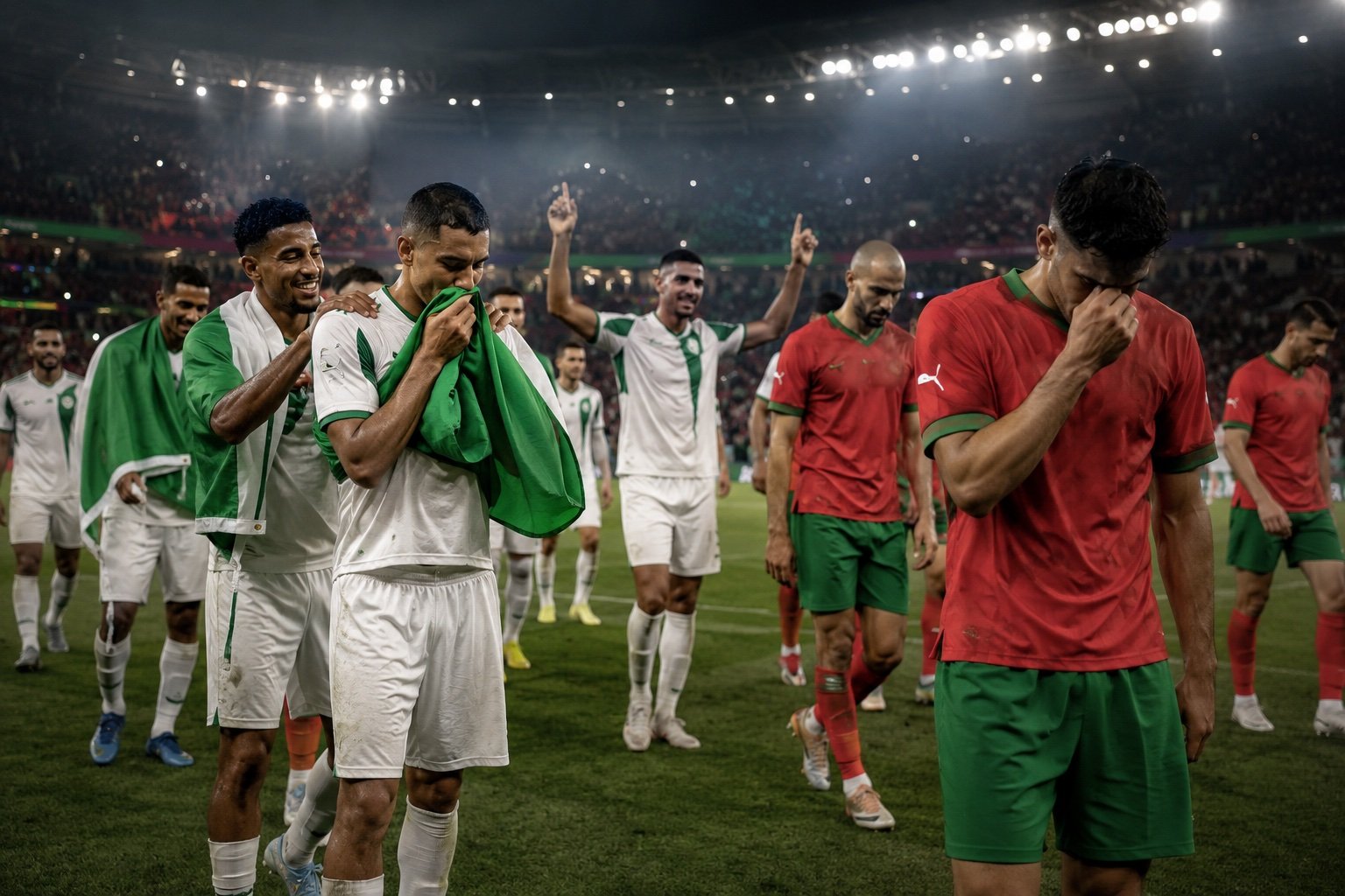 A footballer celebrating a goal with arms outstretched in front of a packed stand