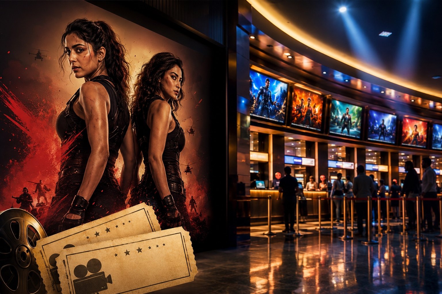 A cinema audience watches a large screen showing an action film sequence