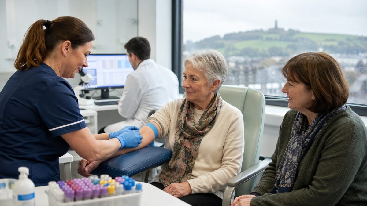 A nurse takes a blood sample from an older woman in a bright Scottish clinic with sample tubes on the table