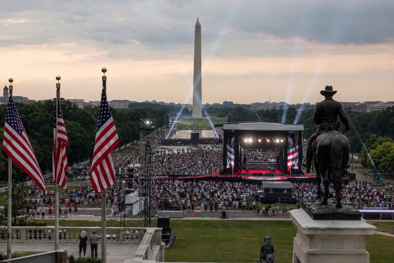 Crowds and US flags gathered on the National Mall in Washington DC
