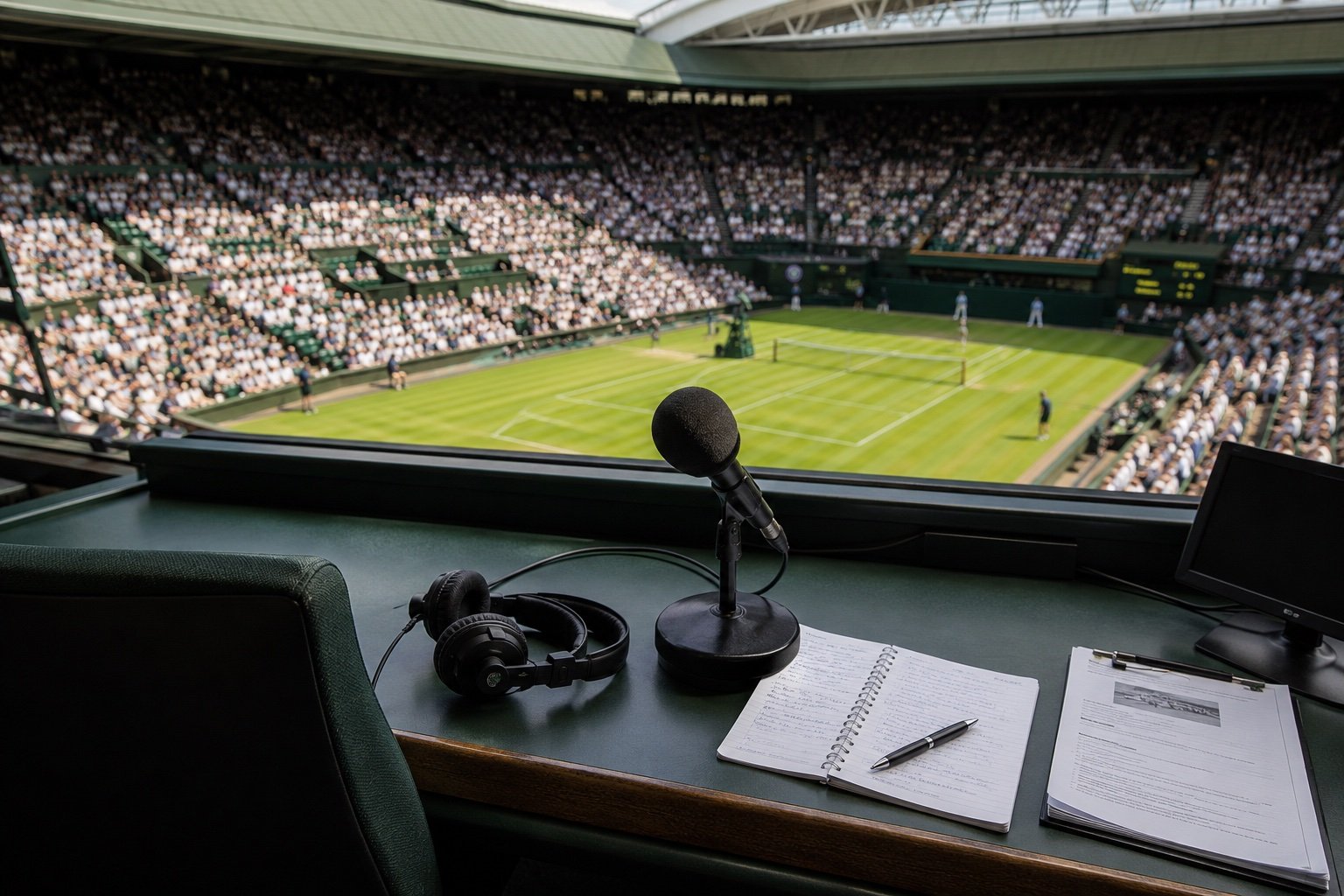 Empty television commentary booth overlooking a grass tennis court under summer light