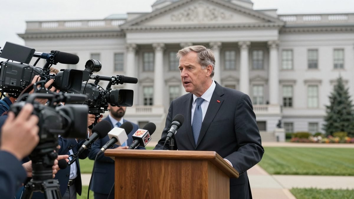 A politician speaking at a podium before television cameras and press microphones outside a government building