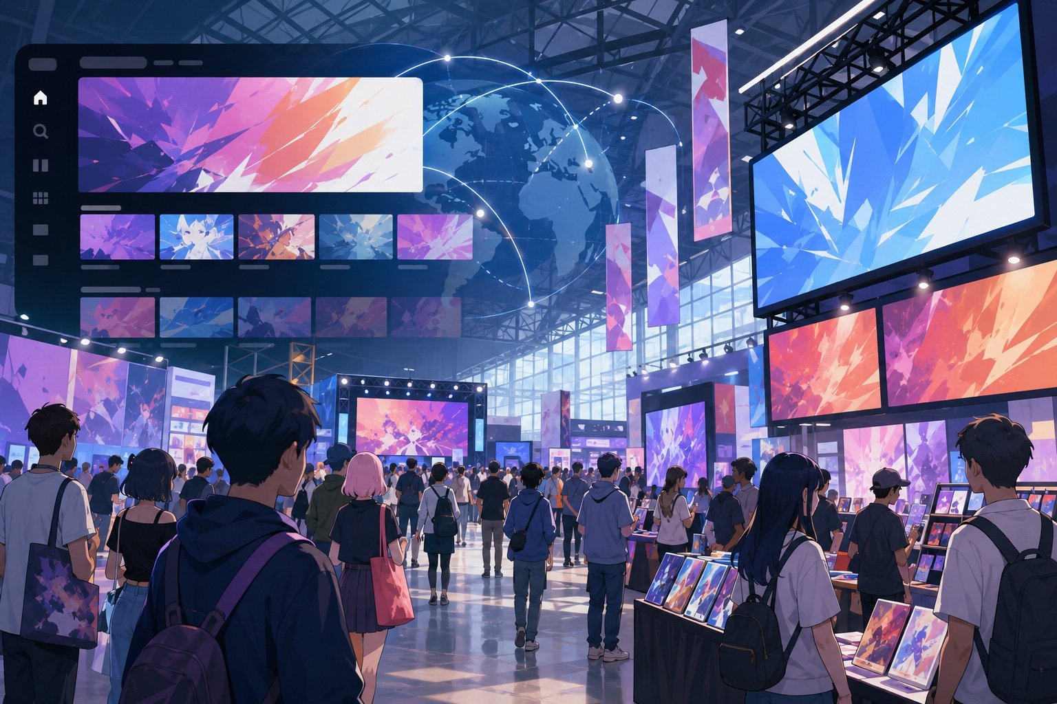 Crowds fill a convention hall beneath large anime banners at Anime Expo