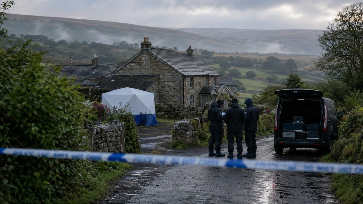 Forensic officers and a tent outside a stone farmhouse on misty Dartmoor moorland behind police tape