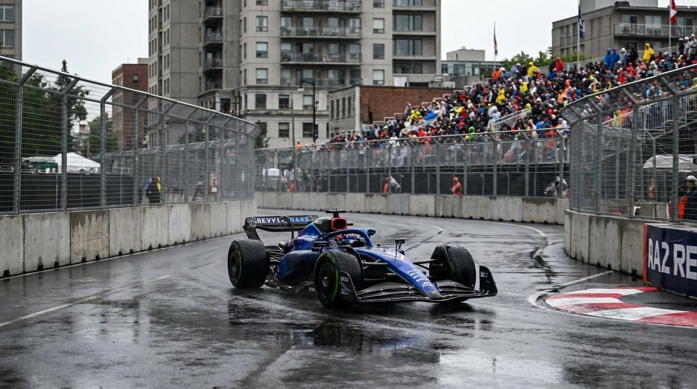 Formula 1 car racing on a street circuit in Montreal