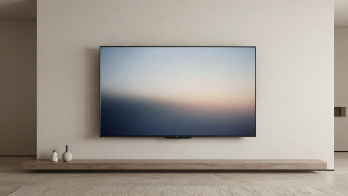 A sleek wall-mounted TV in a minimalist living room