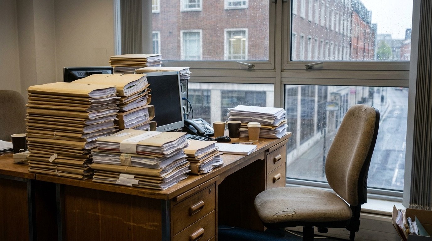 Generic image of stacked paper case files on a government office desk, no identifiable individuals