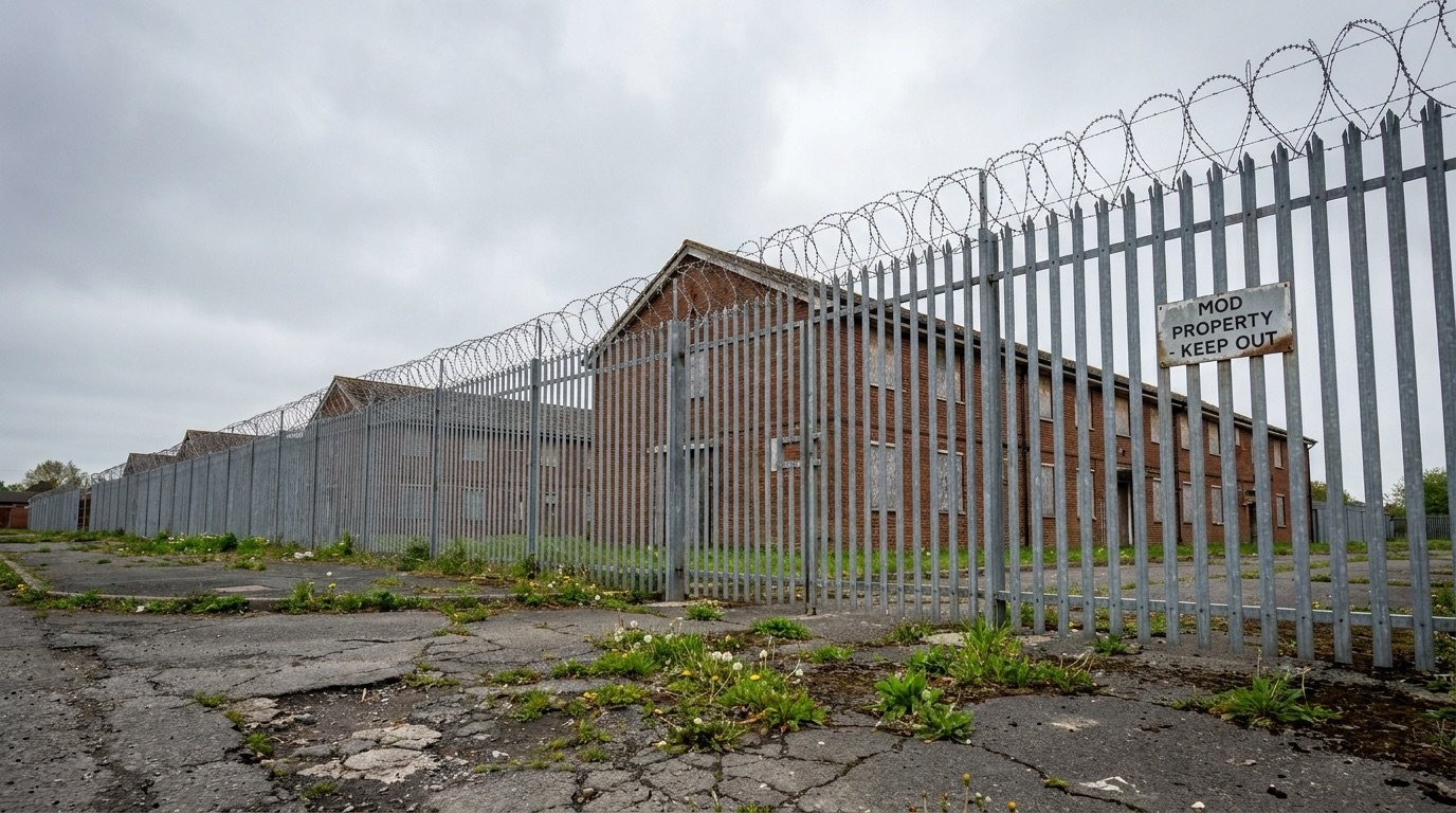 Generic image of disused military barracks buildings behind fencing, no identifiable individuals