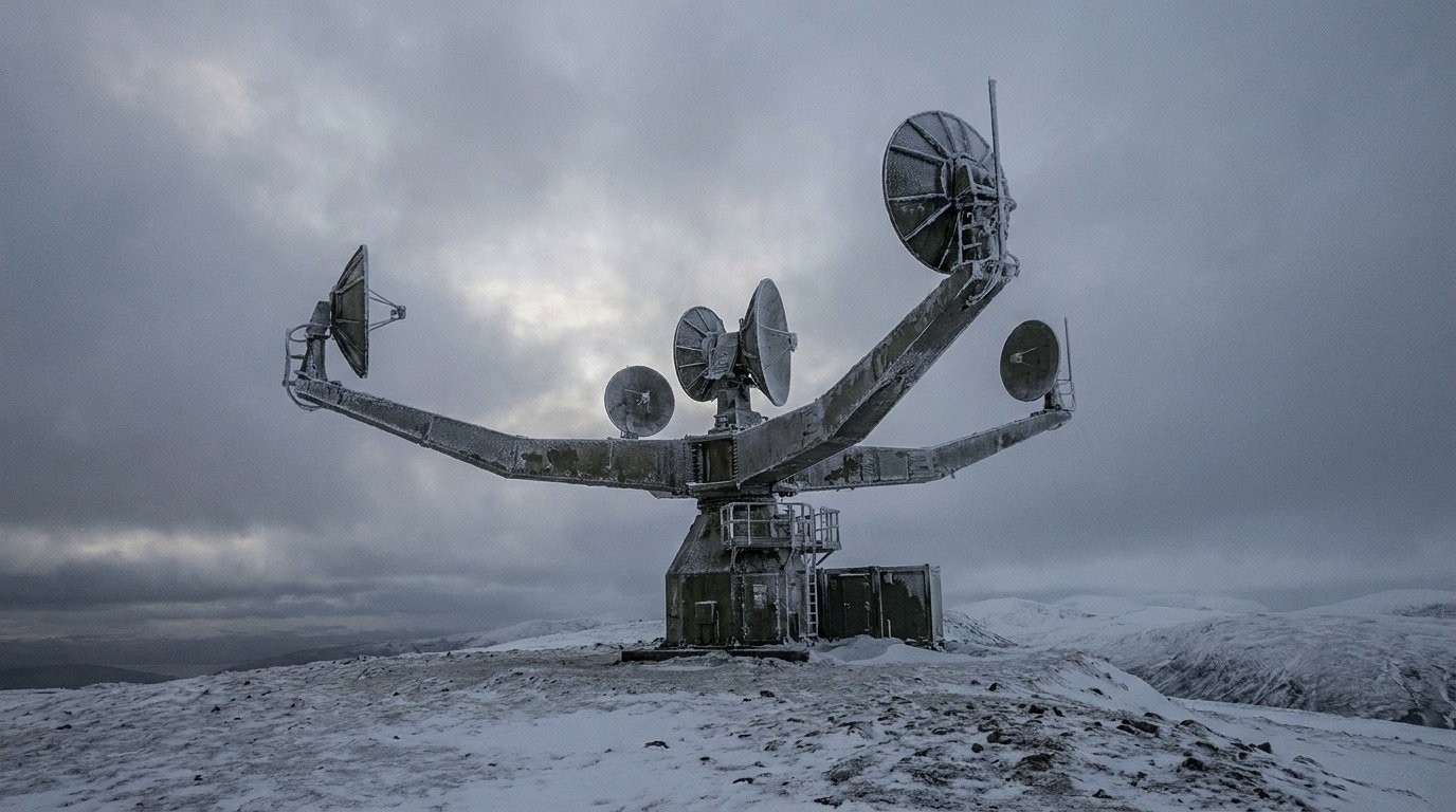 A sweeping radar array on a remote snow-covered northern landscape under a pale Arctic sky, with no people or markings visible