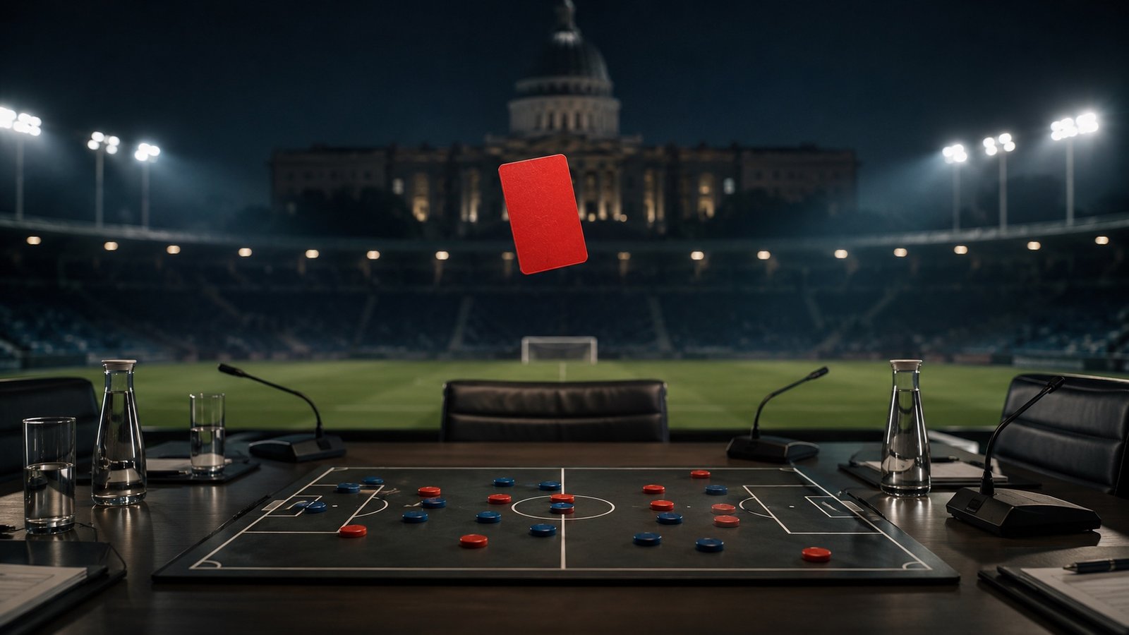A referee holding up a red card during a floodlit World Cup match