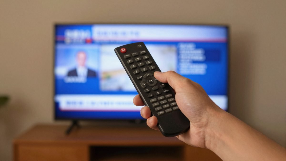 A television remote control pointed at a screen showing generic news broadcast graphics in a living room