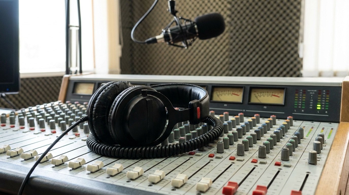 A pair of studio headphones resting on a sound mixing desk with a microphone in soft focus behind
