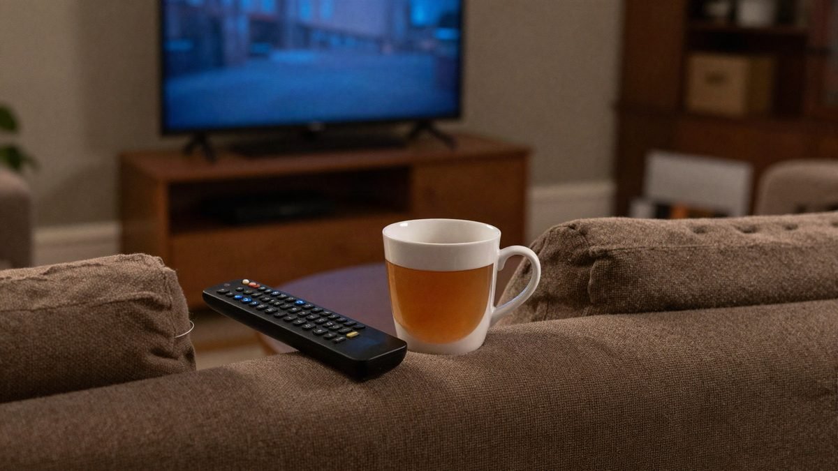 A cosy sofa with a remote and mug of tea, a TV glowing beyond