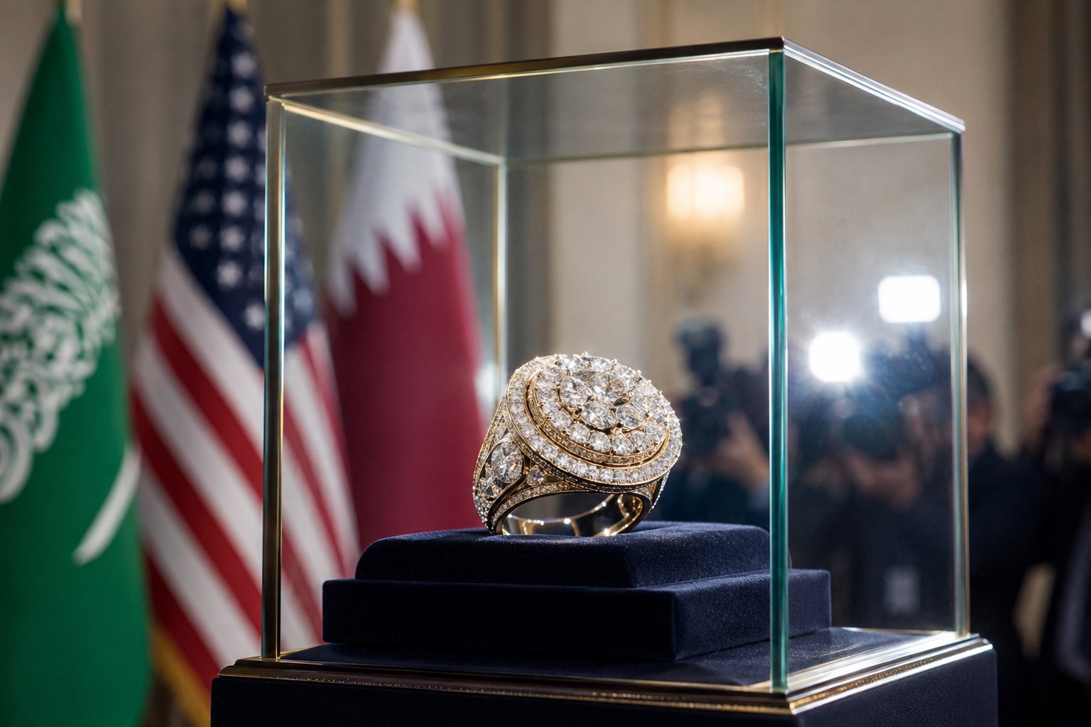 An ornate diamond-encrusted gold ring displayed on a dark background