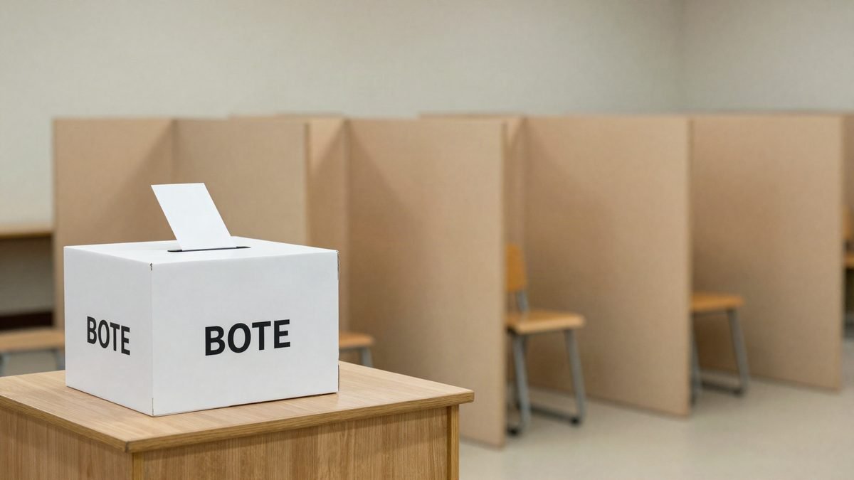 A ballot box and voting booth in a polling station