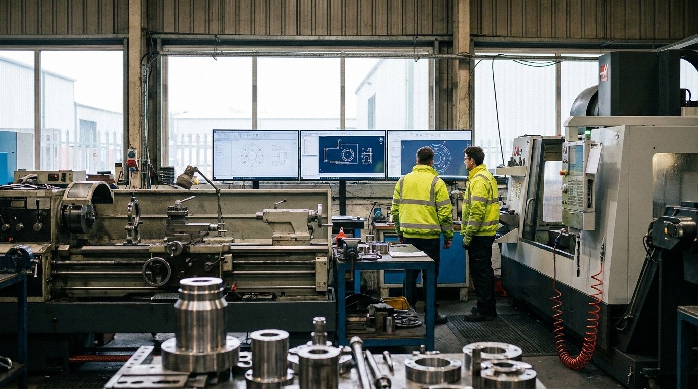 An industrial engineering workspace with machinery and digital design screens