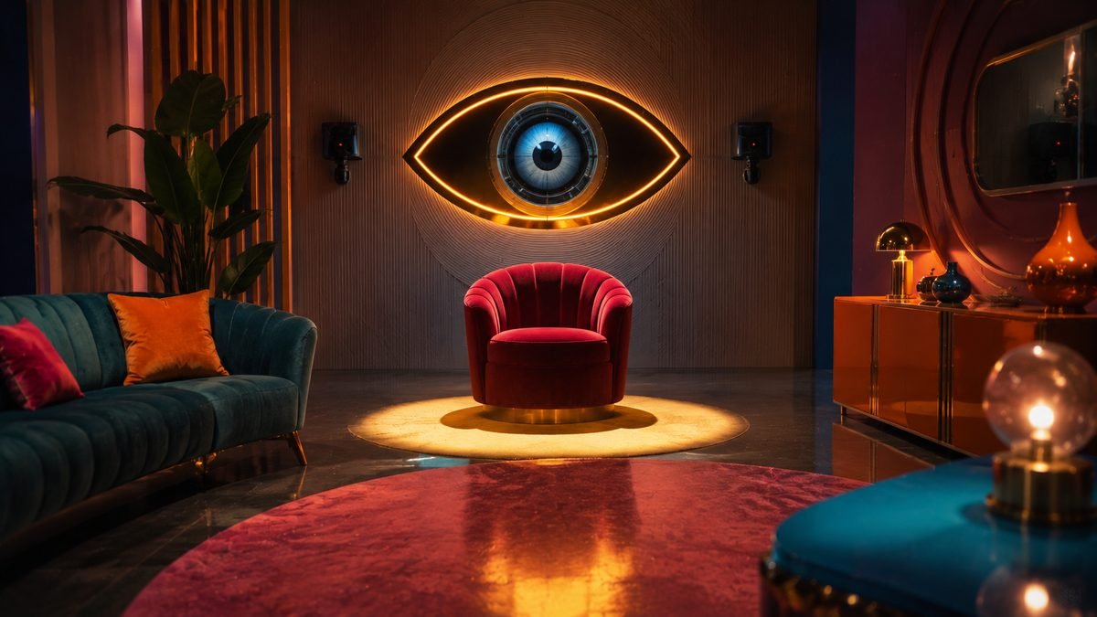 The Big Brother eye logo glowing above a lone red diary-room chair in a spotlight