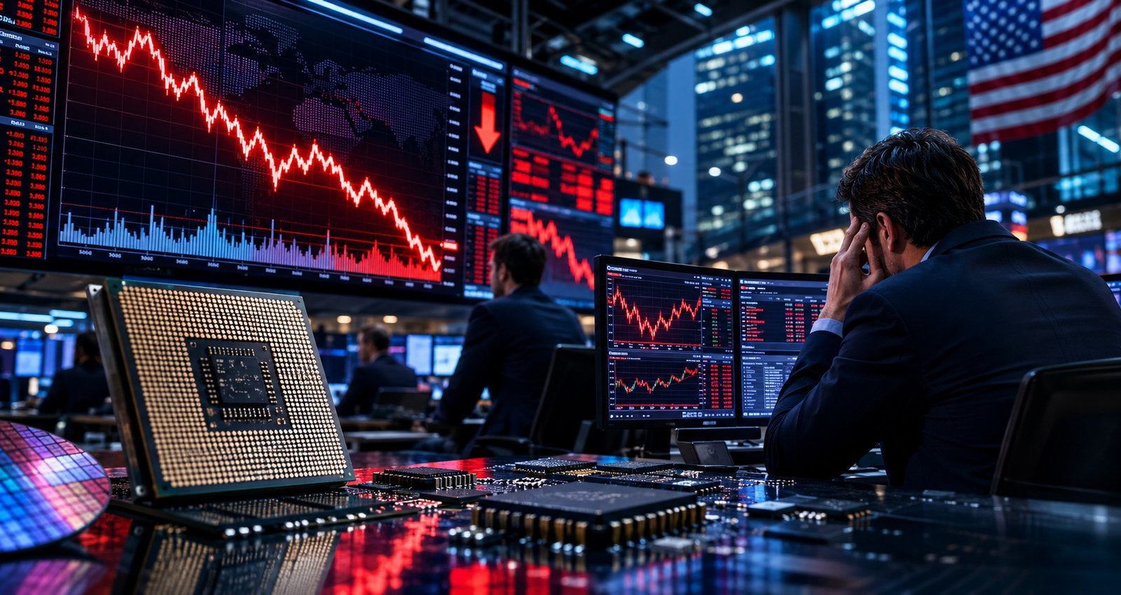 Stock market display board showing falling share prices in red